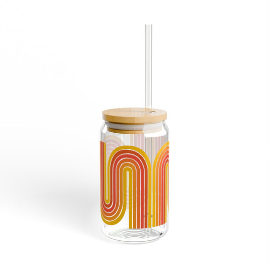 Retro Sunset Bauhaus Stripe Can Glass with Bamboo Lid + Straw