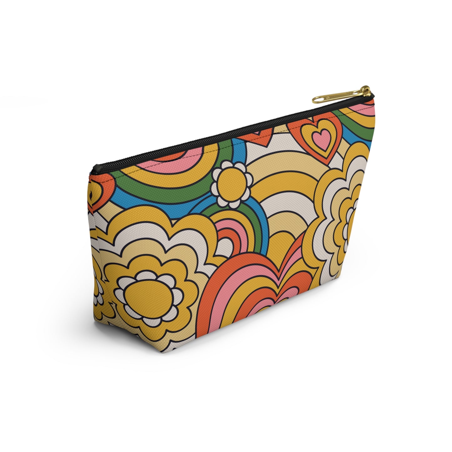 Retro Floral Heart Accessory Pouch — 70s Rainbow Makeup Bag