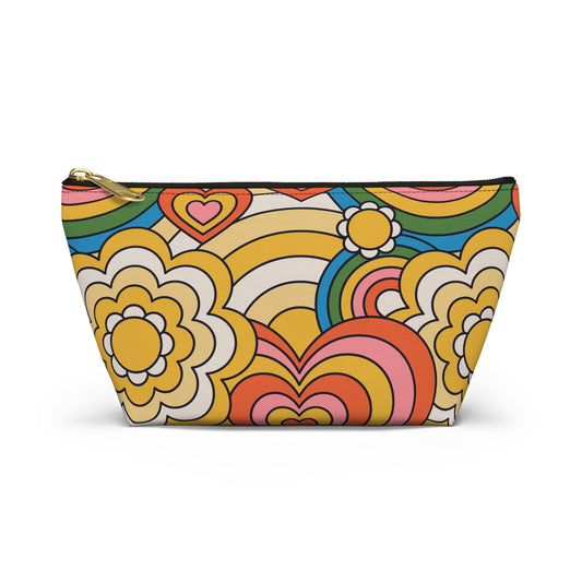Retro Floral Heart Accessory Pouch — 70s Rainbow Makeup Bag