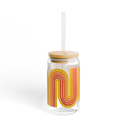 Retro Sunset Bauhaus Stripe Can Glass with Bamboo Lid + Straw