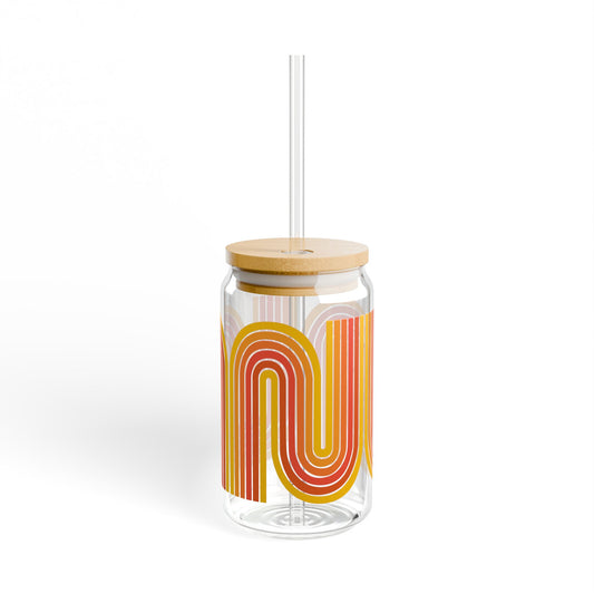 Retro Sunset Bauhaus Stripe Can Glass with Bamboo Lid + Straw