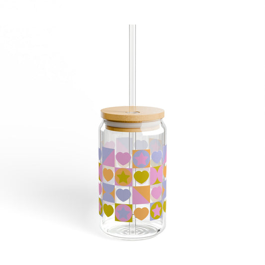 Boho Summer of Love Can Glass Sipper w Bamboo Lid + Straw