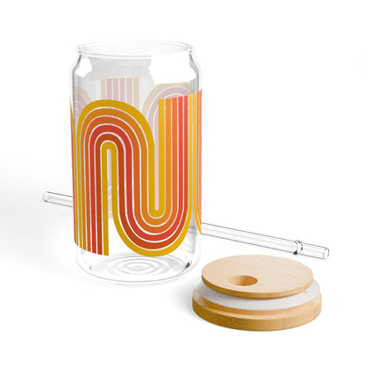Retro Sunset Bauhaus Stripe Can Glass with Bamboo Lid + Straw