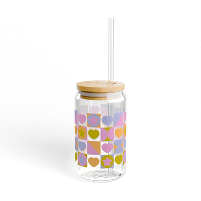 Boho Summer of Love Can Glass Sipper w Bamboo Lid + Straw