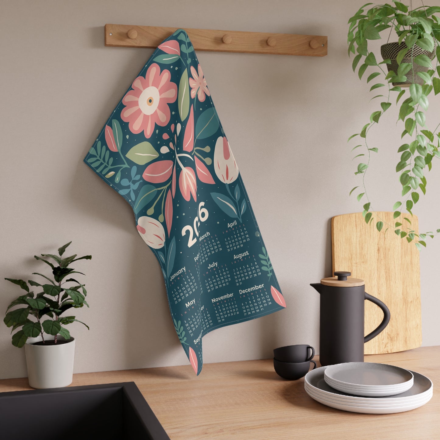 2026 Tea Towel Calendar Mindful Floral Cotton Twill