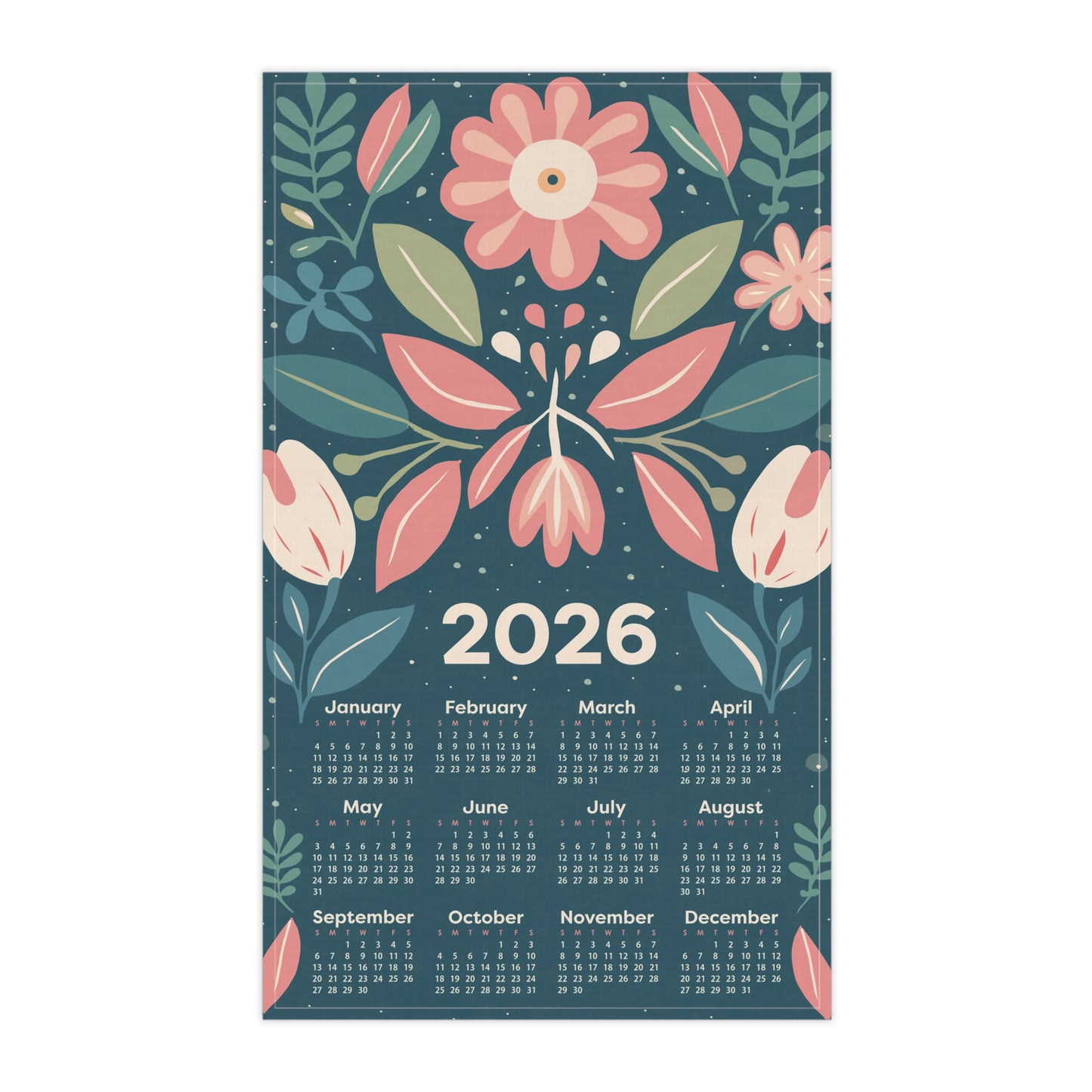 2026 Tea Towel Calendar Mindful Floral Cotton Twill