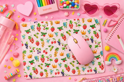 Pastel Pink Strawberries & Fruit Vintage Style Mouse Mat — Garden Desk Mousepad