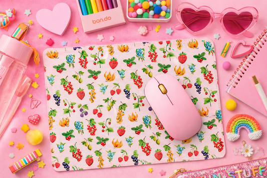 Pastel Pink Strawberries & Fruit Vintage Style Mouse Mat — Garden Desk Mousepad